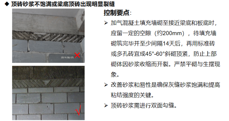 砌体工程施工控制要点（PPT，29P）-砖砂浆不饱满或梁底顶砖出现明显裂缝