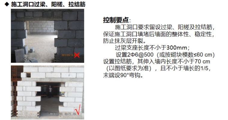砌体工程施工控制要点（PPT，29P）-施工洞口过梁、阳槎、拉结筋